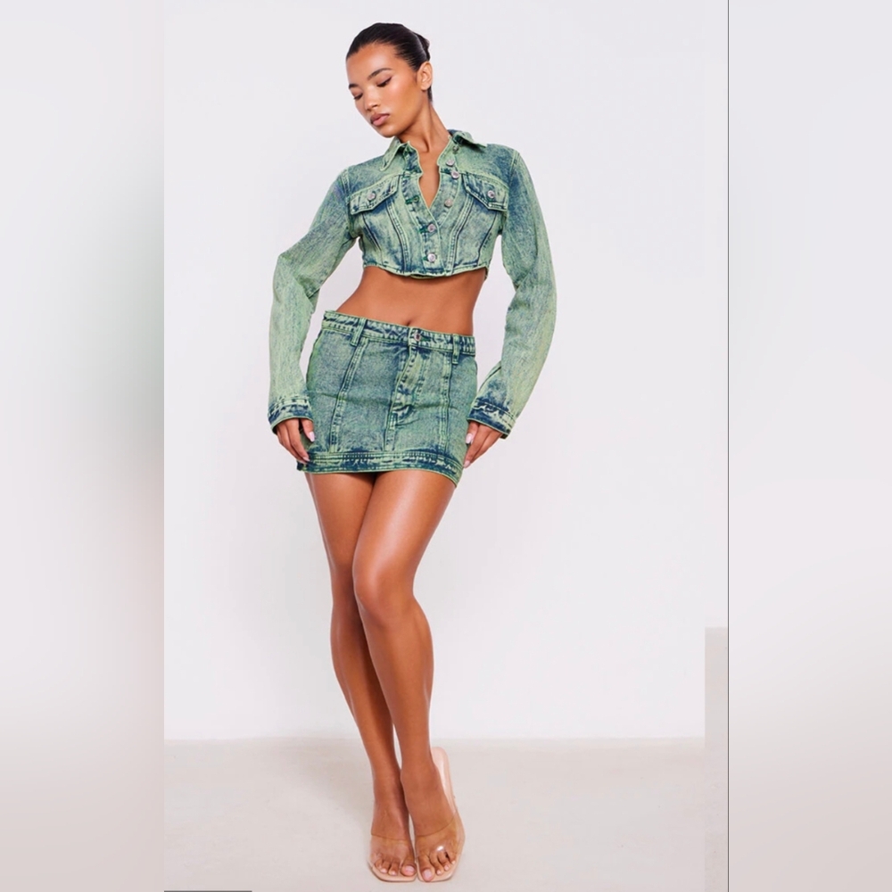 PrettyLittleThing Green Tint Denim Mini Skirt